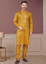 Pure Silk Mustard Ceremonial Wear Embroidery Work Readymade Kurta Pajama